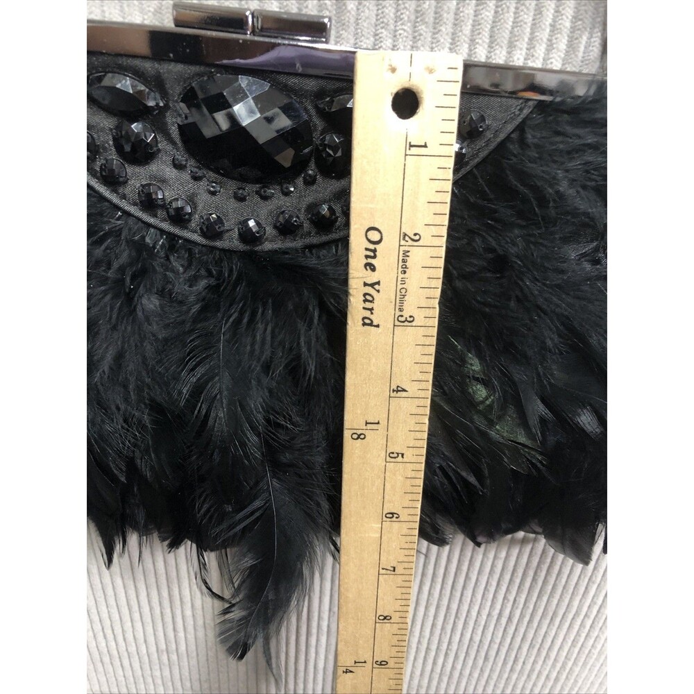 Black Feather Rhinestone Clutch Purse Convertible Chain Shoulder Evening Bag - Picture 7 of 14